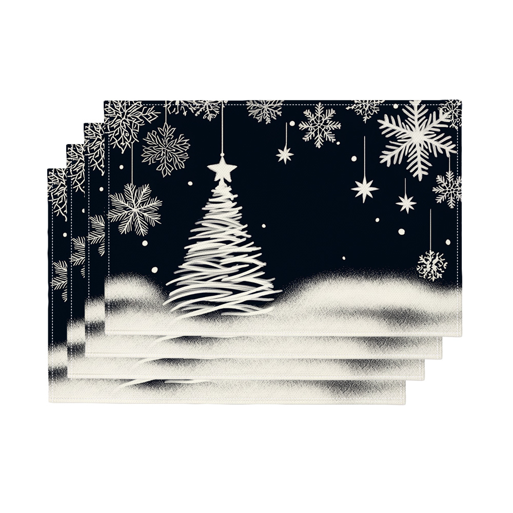 Family Tree Print - 4枚セットのフェスティバル用プレースマット。クリスマスツリーと雪の結晶のプリントで、冬の華やかな雰囲気を演出します。 キッチンや家族の集まりに最適