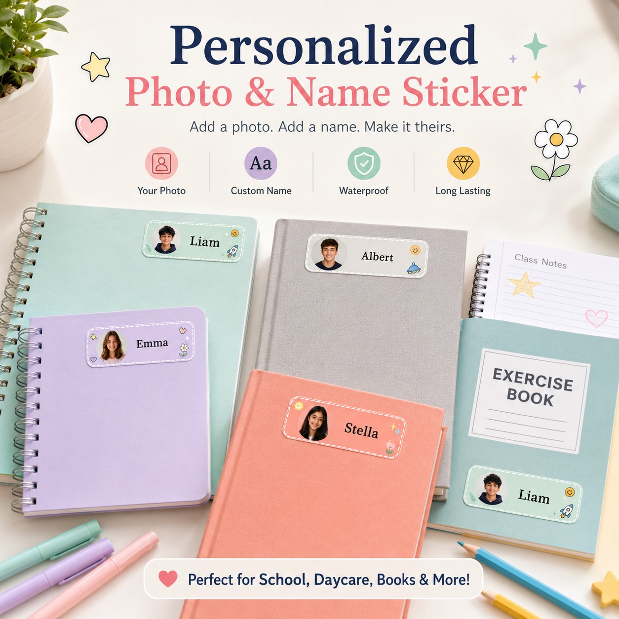 Personalized Name Box - カスタマイズされた写真入り名前入りクラスステッカー、パーソナライズされた学生用ラベル、本、ノート、筆箱、水筒、ランチボックス、学校用品に最適
